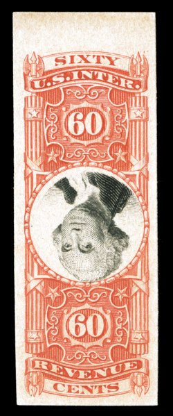 142aP4, 60c Orange and black, Center Inverted, plate proof on card, a choice top sheet-margin single of this rarely offered error proof, with the other three margins lavishly
large as well, fresh color, extremely fine only one pane of 85 subjec