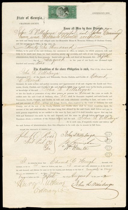 R144a, $1.00 Green and black, Center Inverted, single with rich color used on 1872 Administrators Bond from Chatham County, Georgia, stamp cancelled with neat ms. dated August
5, 1872, stamp with faintly toned perforation tip, document with min