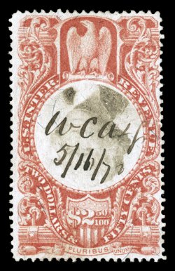 R146a, $2.50 Claret and black, Center Inverted, remarkably the Cunliffe collection contains a third copy (the three represent 20% of all known examples), this one with rich
luxuriant colors and highly detailed impressions, small 1872 ms. cancel,