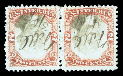 R151a, 2c Orange and black on green, Center Inverted, horizontal pair, nicely centered, strong colors, ms. cancels, mostly separation perforations between, very fine this is
the only recorded multiple of this error stamp (none are listed in