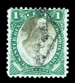 RB1ad, 1c Green and black on violet paper, Center Inverted, a highly desirable used example of this rare invert, being one of no more than seven that are completely sound,
brilliantly rich colors and crisp detailed impressions, light handsta