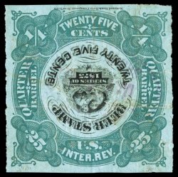 REA32a, 25c (¼ barrel) Green and black, Center Inverted, position 2 on the pane, unusually large margins on all four sides, light violet handstamp cancel, usual creases causing
some paper cracks, extremely fine appearance.This is the only reco