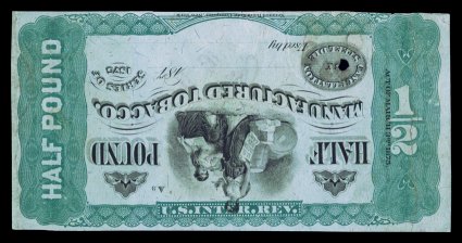 Springer TF117b var., ½lb. Green and black Manufactured Tobacco, Center Inverted, position 3, three large margins, a little close at top, attractive colors, small punch cancel
and a reinforced central cut cancel, portion at left had been severed