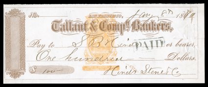 RN-B17a, 2c Orange with restrictive clause at bottom, Tablet Inverted, another similar check, this dated Jan. 8, 1870, cut cancel affects the stamp, very
fine.