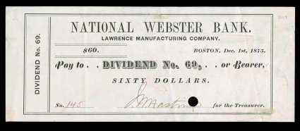 RN-M2a, 2c Orange, Stamp Inverted and printed on back, used on Dec. 1, 1875 check from the National Webster Bank of Boston, light crease and cut cancel in stamp, very fine
appearance one of only two known of this error, the other is a nearl