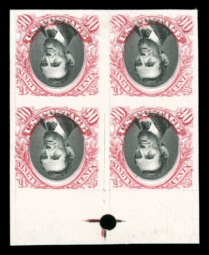 129aP4-122aP4, 15c-90c 1869 Pictorials, Centers Inverted, plate proofs on card, an absolutely fabulous complete matching set of marginal registration marker blocks of four, each
being incredibly bright and fresh, with outstanding colors and im