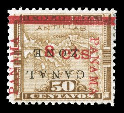 14b, 8c on 50c Bister brown, Canal Zone Inverted, fresh color, nicely centered, o.g., h.r.s, very fine only 200 printed.