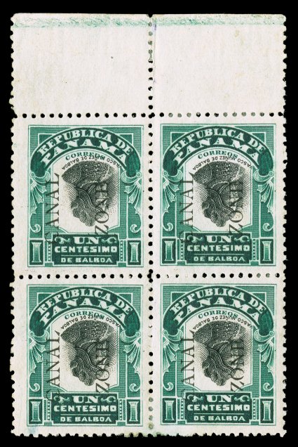 22g, 1c Green and black, Center and Canal Zone Inverted, a marvelously attractive top sheet-margin mint block of four, exceptionally well centered within wide margins, deep
luxuriant color, usual tropicalized o.g., bottom left stamp with a tin