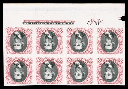 129aP4-122aP4, 15c-90c 1869 Pictorials, Centers Inverted, plate proofs on card, the phenomenal and truly breathtaking complete set of full sheet-margin imprint and plate number
blocks of eight, being the only complete set of such imprint and pla