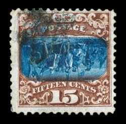 119b, 15c Brown and blue, Ty. II, Center Inverted, an especially handsome example of this popular 19th century error rarity, of which approximately 90 examples exist, three of
which are unused, possessing particularly intense colors and stro