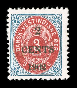 24d, 2 CENTS 1902 Surcharge in green on 3c Blue and lake, Frame Inverted, rich colors on bright white paper, o.g., minute rust spot at left, still a fine example of this rare
stamp.