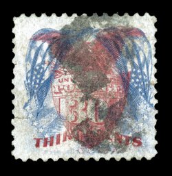 121b, 30c Blue and carmine, Center Inverted, a handsome appearing example of this important rarity, quite well centered within large margins, warm rich colors, neat portion of a
segmented cork cancel, small closed tear at left (certificate erron