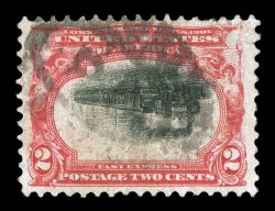 295a, 2c Pan-American, Center Inverted, an immensely rare used example, possessing exceptional centering within uncharacteristically large margins, deep colors, neat oval
registry cancel, small thin spot, a few slight creases and a corner crease