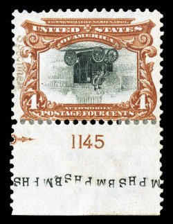 296aSE, 4c Pan-American, Center Inverted, with Specimen type E overprint, an extremely rare bottom margin plate no. 1145 single, believed to be one of only two known plate
number singles with a Specimen overprint, with the overprint plac