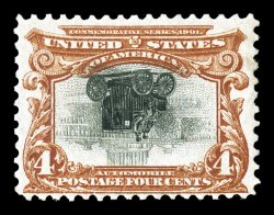 296a, 4c Pan-American, Center Inverted, incredibly bright and fresh, sumptuously rich colors and deeply etched impressions, while centered just slightly to the bottom, this
stamp possesses far superior centering to most existing examples, full o