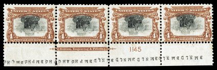 296a, 4c Pan-American, Center Inverted, the phenomenal full bottom sheet-margin imprint and plate no. 1145 strip of four, deep luxuriant colors and strong impressions, centered
a bit to bottom as found on the majority of known examples of this I