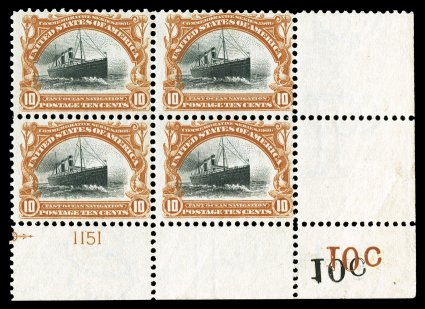 295-99, 2c-10c Pan-Americans, handsome matched set of bottom right corner sheet-margin plate number blocks of four, each showing dual inverted denominations of both the frame
and central vignette plates in the very far bottom right corner