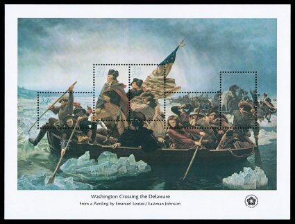 1688k, 24c Bicentennial souvenir sheet, USA24c Inscriptions Inverted on fourth and fifth stamps, with the inscriptions completely omitted on the fourth and fifth stamps and now
appearing inverted below the first and second stamps, o.g., never