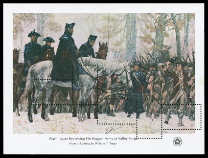 1689v, 31c Bicentennial souvenir sheet, Perforations and Luminescent Tagging Inverted, a remarkable sheet displaying inverted perforations for all five stamps on the sheet (as
well as having the luminescent tagging inverted), to our knowledge