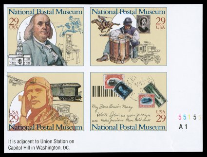 2782c, 29c National Postal Museum se-tenant block of four, imperforate, bottom right corner sheet-margin plate no. 55155 block of four, o.g., n.h., fingerprint on gum and
trivial wrinkles in bottom margin only, very fine this is the unique pl