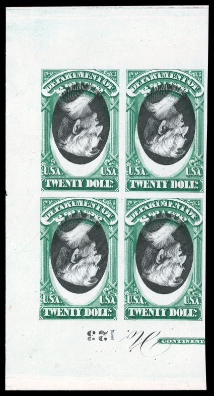 O71aP4, $20.00 Department of State, Center Inverted, plate proof on card, the spectacular left sheet-margin block of four, showing the inverted black vignette plate No. 123 in
the bottom margin, along with a portion of the printers imprint in