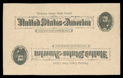 UX10a, 1c Black on buff postal card, Double Impression, One Inverted, a second example of this rare card, this one being on a bit darker colored stock, plus on this card there
is only a single offset impression on the reverse and not two like th