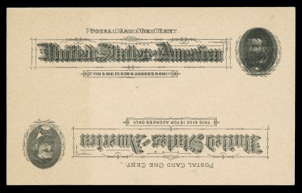 UX10c, 1c Black on buff postal card, Triple Impression One Inverted, a highly select mint example of this rarity, three bold impressions with one inverted at the bottom, without
an offset impression on the reverse as found on at least one other