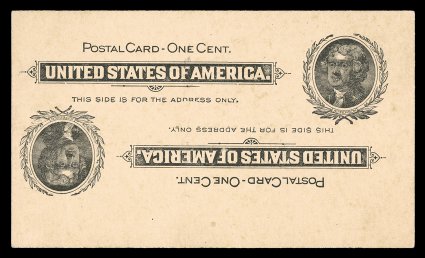 UX14a, 1c Black on buff postal card, Double Impression, One Inverted, a gem example of this important postal card error rarity, quite likely the finest of only four recorded
mint examples and the first we have had the pleasure to offer in our