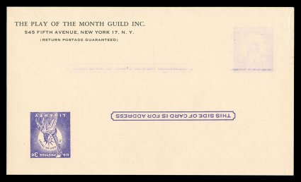 UX46c, 3c Purple on buff postal card, Double Impression, One Inverted, unused, with The Play of the Month Guild Inc. return address and preprinted reply information on reverse,
first normal impression is weak at top, while the second impress
