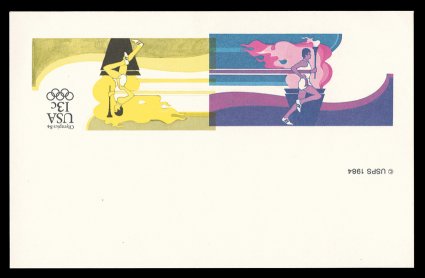 UX102a, 13c Olympic Torch postal card, Black and Yellow Colors Inverted, a choice mint example of this visually striking and extremely rare error card, where two colors (quite
remarkably) have been inverted, fresh and crisp, extremely fine whil
