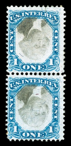 R103a, 1c Blue and black, Center Inverted, mint vertical pair, rich vibrant color, part o.g., tiny closed tear at top, fine this is the only multiple of any size recorded of the
One Cent Inverted Center the Scott catalog value for a pair i