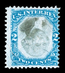 R104a, 2c Blue and black, Center Inverted, attractive colors, herringbone cut cancel breaks the paper and causes a tear at left, fine appearance.