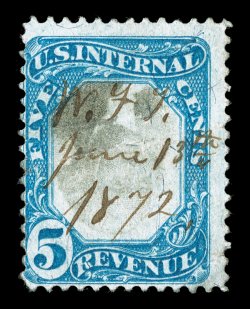 R107a, 5c Blue and black, Center Inverted, attractive colors, neat 1872 ms. cancel, two light horizontal creases, fine appearance.