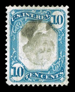 R109a, 10c Blue and black, Center Inverted, exceptionally well centered, especially for this difficult value, which the Scott catalog specifically prices in the grade of fine,
attractive colors, just the faintest trace of a cut cancel, two thins
