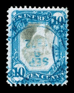 R109a, 10c Blue and black, Center Inverted, rich vibrant colors and strong impressions, wonderfully cancelled by blue handstamps, fine a fresh and desirable example of this
scarce invert.