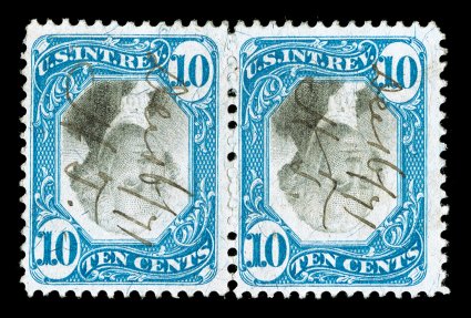 R109a, 10c Blue and black, Center Inverted, the unique horizontal pair, nicely centered, bright colors, 1871 ms. cancel, left stamp with tiny pinhole, very fine not only is this
the only known pair of this invert, it is also the only reco