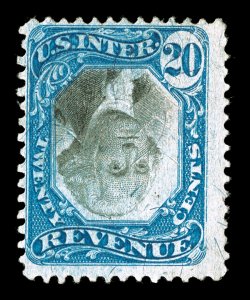 R111a, 20c Blue and black, Center Inverted, strong rich color, herringbone cancel causes a faint corner crease at top left, overall a fine example of this revenue invert rarity
1986 PF certificate.