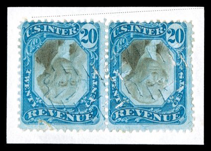 R111a, 20c Blue and black, Center Inverted, horizontal pair tied to piece by strong herringbone cancel, deep colors, left stamp with small closed tear at bottom, fine an
important piece for the collector of inverted centers or largest known mul