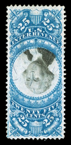 R112a, 25c Blue and black, Center Inverted, mint example with part original gum, outstanding centering within large margins, strong rich color, thin spots, extremely fine
appearance one of the very finest centered Twenty Five Cent Inverts kno