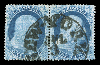 18, 1c Blue, Ty. I, horizontal pair, positions 27-28R12, exceptionally well centered, deep rich color, central strike of a bold New-YorkJul 3 c.d.s., extremely fine pairs of
this scarce stamp are quite elusive, particularly in this premium c