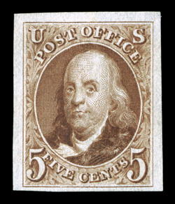 3, 5c Red brown reproduction, without gum as issued, highly select copy, large to mostly extra-large margins all around, wonderfully bright color and a sharp impression,
extremely fine.