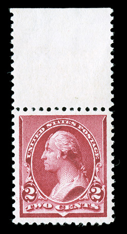 220 var., 2c Carmine, ink smear, top sheet-margin single showing a prominent ink smear on Washingtons head, excellent centering within large margins, bright color, o.g., never
hinged, extremely fine 2005 PSE certificate (XF 90 SMQ $230.00 for