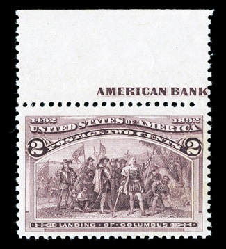 231 var., 2c Columbian, broken hat variety, a magnificently choice top sheet-margin partial imprint mint example of this popular variety, wonderfully bright and fresh, with
gorgeous rich color and impression on bright white paper, incredibly w