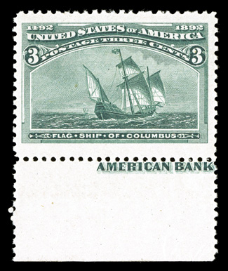 232, 3c Columbian, a striking bottom sheet-margin single with partial imprint, possessing gigantic margins all around and being wonderfully well centered within these huge
borders, sumptuously rich color and a clean impression on crisp white pap