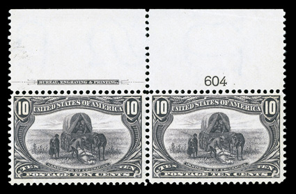 290, 10c Trans-Mississippi, top margin imprint and plate no. 604 pair, nicely centered within large margins, deeply rich color on bright paper, o.g., never hinged, there is a
slight crease in the far top right of the selvage only, very fine cle