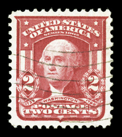 319, 2c Carmine, a phenomenal used example, sporting remarkably large and absolutely perfectly balanced margins all around, bright fresh color, light wavy machine cancel, a
superb gem in every regard 2009 PSE certificate (Gem 100 Jumbo SMQ $29