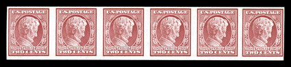 368H, 2c Lincoln imperforate coil, horizontal format, very scarce strip of six, quite fresh, rich color, nicely margined, o.g., n.h., some natural vertical gum bends (far right
stamp with a heavier crease that ends in a small tear at bottom), ov