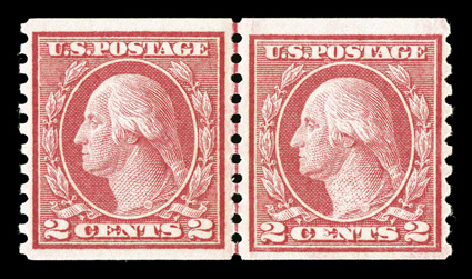 454, 2c Red rotary coil, Ty. II, perf. 10 vert., joint line pair, exceptionally well centered, bright color, o.g., never hinged, extremely fine 1987 and 2002 PF certificates,
as well as a 2008 PSE certificate (VF-XF 85 SMQ $900.00).