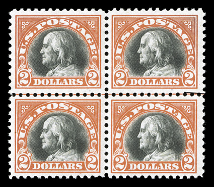 523, $2.00 Orange red and black, mint block of four with horizontal center line, exceptionally well centered and margined, particularly the top left stamp, brilliantly fresh
colors, o.g., lightly hinged, left stamps with light gum skip line, ver