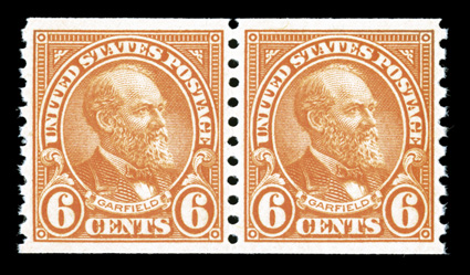 723, 6c Deep orange, perfect mint pair, featuring mathematically precise centering, radiant color, o.g., n.h., superb gem 2008 PSE certificate (Gem 100 SMQ $640.00) this is the
sole 723 pair to be given the esteemed Gem 100 designation by th